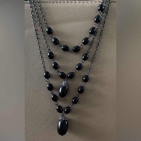 Black bead and chain layered necklace and earring set - Picture 2 of 5